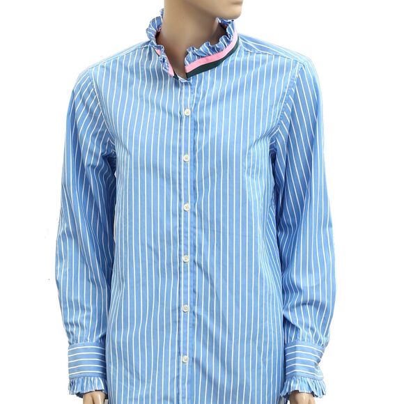 Kerri Rosenthal Striped Printed Shirt Top Ruffle Buttondown Cotton M NEW 282447 - Picture 2 of 6